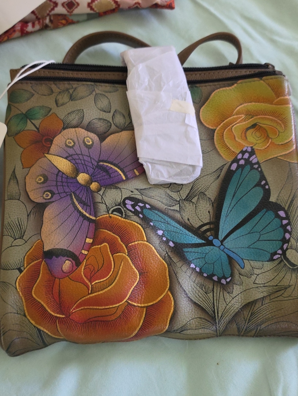 Hand-Painted Floral & Butterfly Tote Bag in Teal, Purple, Orange. Nwt